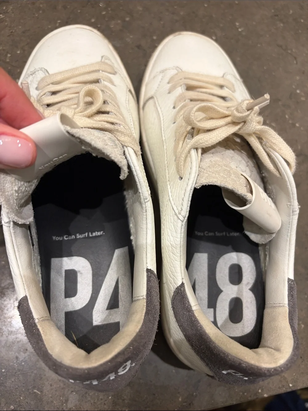 P448 Women’s Off white Laces & White Leather Low-Top Sneakers with Gray Heel